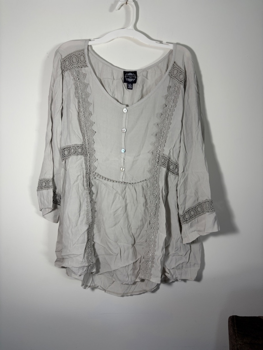 Le Marais Paris Light Gray Crochet-Trim Peasant Tunic - Viscose - XL